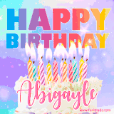A vibrant animated name GIF with the words 'Happy Birthday Abigayle' with colorful candles on a creamy cake. The background sparkles with pastel shades, adding a festive touch.