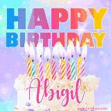 A vibrant animated name GIF with the words 'Happy Birthday Abigil' with colorful candles on a creamy cake. The background sparkles with pastel shades, adding a festive touch.