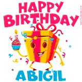 A vibrant and funny gift box character with a happy face dancing with a cupcake and the text 'Happy Birthday Abigil,' surrounded by animated confetti and party vibes.