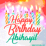 Bright birthday candles with rainbow flames on a cake, alongside the text 'Happy Birthday Abihayil' in vibrant script in this celebratory animated GIF.