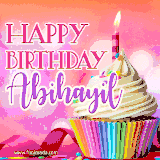 A vibrant birthday GIF featuring a rainbow-colored cupcake topped with white frosting, sprinkles, and a lit candle. The text reads 'Happy Birthday Abihayil' in bold pink and violet letters with white outline.