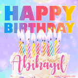 A vibrant animated name GIF with the words 'Happy Birthday Abihayil' with colorful candles on a creamy cake. The background sparkles with pastel shades, adding a festive touch.