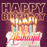 A colorful birthday cake topped with lit candles, with the words 'Happy Birthday Abihayil' in bold glowing letters on a burgundy background. Animated flames add a festive touch.