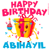 A vibrant and funny gift box character with a happy face dancing with a cupcake and the text 'Happy Birthday Abihayil,' surrounded by animated confetti and party vibes.