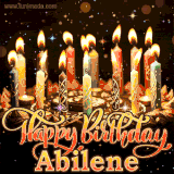 A glowing personalized birthday GIF with name Abilene featuring lit candles with intricate designs, warm lighting, and the text 'Happy Birthday' in an elegant font.