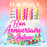 A white birthday cake covered in colorful sprinkles, topped with bright candles, and French text 'Bon Anniversaire Abilene' on a pastel gradient background in an animated GIF.
