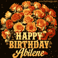 Animated bouquet of orange roses with moving butterfles and golden 'Happy Birthday Abilene' text, surrounded by sparkling accents and a dark backdrop for a luxurious feel.