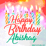 Bright birthday candles with rainbow flames on a cake, alongside the text 'Happy Birthday Abishag' in vibrant script in this celebratory animated GIF.