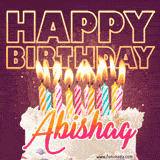 A colorful birthday cake topped with lit candles, with the words 'Happy Birthday Abishag' in bold glowing letters on a burgundy background. Animated flames add a festive touch.
