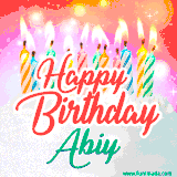 Bright birthday candles with rainbow flames on a cake, alongside the text 'Happy Birthday Abiy' in vibrant script in this celebratory animated GIF.