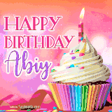 A vibrant birthday GIF featuring a rainbow-colored cupcake topped with white frosting, sprinkles, and a lit candle. The text reads 'Happy Birthday Abiy' in bold pink and violet letters with white outline.