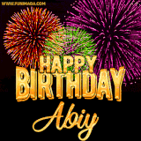 A golden 'Happy Birthday Abiy' message with vibrant fireworks in the background, creating a festive and celebratory vibe in this animated name GIF.