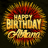 Golden 'Happy Birthday Abriana' text accompanied by animated rainbow fireworks for a festive animated greeting.