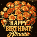 Animated bouquet of orange roses with moving butterfles and golden 'Happy Birthday Abriana' text, surrounded by sparkling accents and a dark backdrop for a luxurious feel.