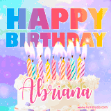 A vibrant animated name GIF with the words 'Happy Birthday Abriana' with colorful candles on a creamy cake. The background sparkles with pastel shades, adding a festive touch.
