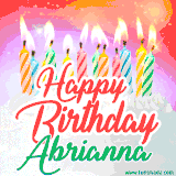 Bright birthday candles with rainbow flames on a cake, alongside the text 'Happy Birthday Abrianna' in vibrant script in this celebratory animated GIF.