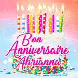 A white birthday cake covered in colorful sprinkles, topped with bright candles, and French text 'Bon Anniversaire Abrianna' on a pastel gradient background in an animated GIF.