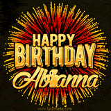 Golden 'Happy Birthday Abrianna' text accompanied by animated rainbow fireworks for a festive animated greeting.