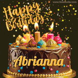 A delightful chocolate birthday cake with bright candles and 'Happy Birthday Abrianna' written in gold amidst a shower of animated stars.