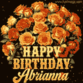 Animated bouquet of orange roses with moving butterfles and golden 'Happy Birthday Abrianna' text, surrounded by sparkling accents and a dark backdrop for a luxurious feel.