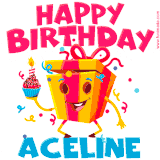 A vibrant and funny gift box character with a happy face dancing with a cupcake and the text 'Happy Birthday Aceline,' surrounded by animated confetti and party vibes.