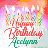Bright birthday candles with rainbow flames on a cake, alongside the text 'Happy Birthday Acelynn' in vibrant script in this celebratory animated GIF.