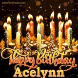 A glowing personalized birthday GIF with name Acelynn featuring lit candles with intricate designs, warm lighting, and the text 'Happy Birthday' in an elegant font.