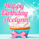 A festive cupcake with pink icing, a gingham bow, and a lit animated sparkler, paired with 'Happy Birthday Acelynn!' in bright pink text.