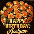 Animated bouquet of orange roses with moving butterfles and golden 'Happy Birthday Acelynn' text, surrounded by sparkling accents and a dark backdrop for a luxurious feel.