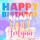 A vibrant animated name GIF with the words 'Happy Birthday Acelynn' with colorful candles on a creamy cake. The background sparkles with pastel shades, adding a festive touch.
