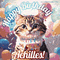 Happy birthday gif for Achilles with cat and cake