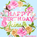 A charming animated GIF featuring 'Happy Birthday Acĕnath' in pink and green text, surrounded by delicate roses, leaves, and fluttering butterflies on a soft light blue pastel background.