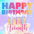 A vibrant animated name GIF with the words 'Happy Birthday Acĕnath' with colorful candles on a creamy cake. The background sparkles with pastel shades, adding a festive touch.