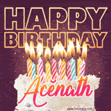 A colorful birthday cake topped with lit candles, with the words 'Happy Birthday Acĕnath' in bold glowing letters on a burgundy background. Animated flames add a festive touch.