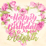 A stunning heart made of pink roses surrounds the elegant script text 'Happy Birthday Acĕnath' on a soft beige background. Animated sparkles add a magical and festive feel.