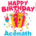 A vibrant and funny gift box character with a happy face dancing with a cupcake and the text 'Happy Birthday Acĕnath,' surrounded by animated confetti and party vibes.