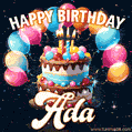 Hand-drawn happy birthday cake adorned with an arch of colorful balloons - name GIF for Ada