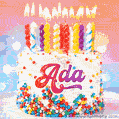 Personalized for Ada elegant birthday cake adorned with rainbow sprinkles, colorful candles and glitter