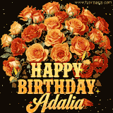 Animated bouquet of orange roses with moving butterfles and golden 'Happy Birthday Adalia' text, surrounded by sparkling accents and a dark backdrop for a luxurious feel.