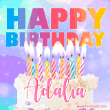 A vibrant animated name GIF with the words 'Happy Birthday Adalia' with colorful candles on a creamy cake. The background sparkles with pastel shades, adding a festive touch.