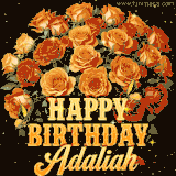 Animated bouquet of orange roses with moving butterfles and golden 'Happy Birthday Adaliah' text, surrounded by sparkling accents and a dark backdrop for a luxurious feel.