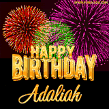 A golden 'Happy Birthday Adaliah' message with vibrant fireworks in the background, creating a festive and celebratory vibe in this animated name GIF.