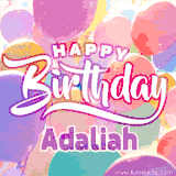A vibrant name GIF featuring colorful balloons in shades of pink, orange, and yellow with the bold text 'Happy Birthday Adaliah' in festive fonts, creating a lively birthday vibe.