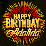 Golden 'Happy Birthday Adalida' text accompanied by animated rainbow fireworks for a festive animated greeting.