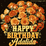 Animated bouquet of orange roses with moving butterfles and golden 'Happy Birthday Adalida' text, surrounded by sparkling accents and a dark backdrop for a luxurious feel.
