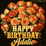 Animated bouquet of orange roses with moving butterfles and golden 'Happy Birthday Adalie' text, surrounded by sparkling accents and a dark backdrop for a luxurious feel.