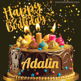 A delightful chocolate birthday cake with bright candles and 'Happy Birthday Adalin' written in gold amidst a shower of animated stars.