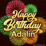 Golden text reading 'Happy Birthday Adalin' surrounded by vibrant fireworks in red, green, and yellow, set against a dark background in this celebratory birthday GIF.