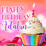 A vibrant birthday GIF featuring a rainbow-colored cupcake topped with white frosting, sprinkles, and a lit candle. The text reads 'Happy Birthday Adalin' in bold pink and violet letters with white outline.