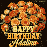 Animated bouquet of orange roses with moving butterfles and golden 'Happy Birthday Adalina' text, surrounded by sparkling accents and a dark backdrop for a luxurious feel.